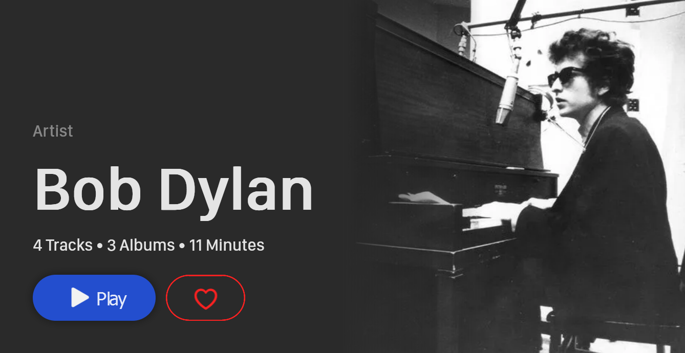 Artist page banner showing Bob Dylan