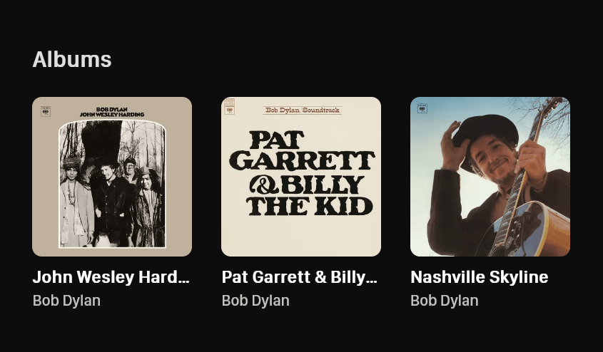 Section in artist page showing albums by Bob Dylan